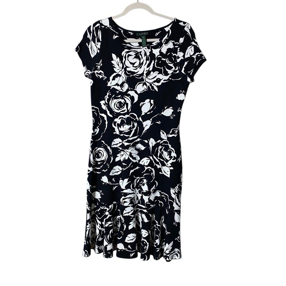 Ralph Lauren LRL Women’s Dress Size Medium Stretch White Black Floral Classy
